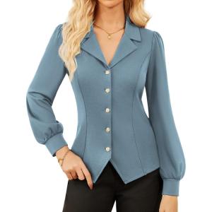 imageGRACE KARIN Work Shirts for Women Lantern Long Sleeve V Neck Blouse Button Down Elegant Business Office TopGrey Blue