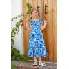 imageGRACE KARIN Girls Floral Dress Flutter Sleeve Square Neck Tiered Midi Dress Smocked Flared Aline Dress 514YBlue Leaves