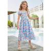 imageGRACE KARIN Girls Floral Dress Flutter Sleeve Square Neck Tiered Midi Dress Smocked Flared Aline Dress 514YFlowers on Blue