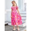 imageGRACE KARIN Girls Floral Dress Flutter Sleeve Square Neck Tiered Midi Dress Smocked Flared Aline Dress 514YFlowers on Hot Pink