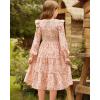 imageGRACE KARIN Girls Long Sleeve Fall Floral Dress Ruffle Round Neck Smocked Layered HemBeige Flower
