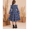 imageGRACE KARIN Girls Long Sleeve Fall Floral Dress Ruffle Round Neck Smocked Layered HemNavy Blue Flower