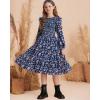 imageGRACE KARIN Girls Long Sleeve Fall Floral Dress Ruffle Round Neck Smocked Layered HemNavy Blue Flower