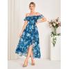 imageGRACE KARIN Womens Floral Print Maxi Dress Off Shoulder Smocked A Line Flowy Ruffle Wedding Guest Dresses with PocketsBlue Flower