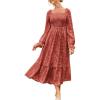 imageGRACE KARIN 2025 Womens Long Sleeve Floral Wedding Guest DressSquare Neck Boho Maxi Dress Flowy Elegant Fall DressBrick Red