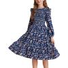 imageGRACE KARIN Girls Long Sleeve Fall Floral Dress Ruffle Round Neck Smocked Layered HemNavy Blue Flower