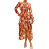imageGRACE KARIN Long Sleeve Wedding Guest Dress 2025 Boho Maxi Fall Dresses Chiffon Flowy Floral Dress Formal Cocktail PartyOrange Red Floral