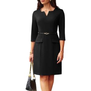 imageGRACE KARIN 2025 Women 34 Sleeve Business Work Dress V Neck Bodycon Sheath Dress with BeltBlack