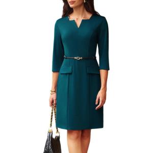 imageGRACE KARIN 2025 Women 34 Sleeve Business Work Dress V Neck Bodycon Sheath Dress with BeltPeacock Blue