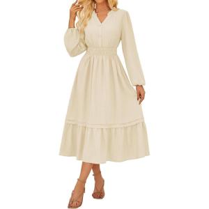 imageGRACE KARIN 2025 Womens Casual Fall Long Sleeve Midi Dresses VNeck Smocked Tiered DressWedding Guest DressApricot