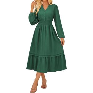 imageGRACE KARIN 2025 Womens Casual Fall Long Sleeve Midi Dresses VNeck Smocked Tiered DressWedding Guest DressGreen