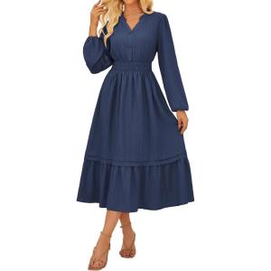 imageGRACE KARIN 2025 Womens Casual Fall Long Sleeve Midi Dresses VNeck Smocked Tiered DressWedding Guest DressNavy Blue