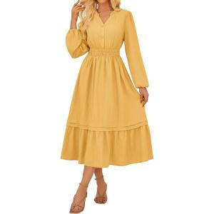 imageGRACE KARIN 2025 Womens Casual Fall Long Sleeve Midi Dresses VNeck Smocked Tiered DressWedding Guest DressTurmeric