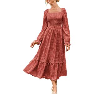 imageGRACE KARIN 2025 Womens Long Sleeve Floral Wedding Guest DressSquare Neck Boho Maxi Dress Flowy Elegant Fall DressBrick Red