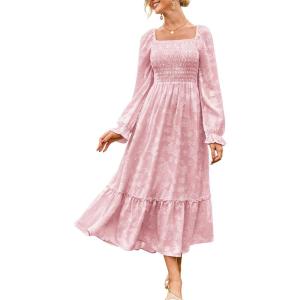 imageGRACE KARIN 2025 Womens Long Sleeve Floral Wedding Guest DressSquare Neck Boho Maxi Dress Flowy Elegant Fall DressLight Pink