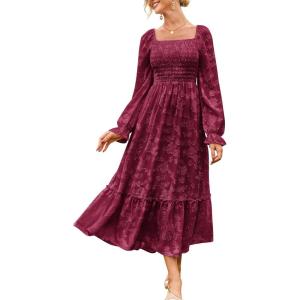 imageGRACE KARIN 2025 Womens Long Sleeve Floral Wedding Guest DressSquare Neck Boho Maxi Dress Flowy Elegant Fall DressWine Red
