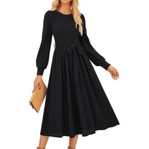 imageGRACE KARIN Casual Long Sleeve Dress 2025 A Line Fall Sweater Dresses Ribbed Crew Neck Midi Dress with PocketBlack