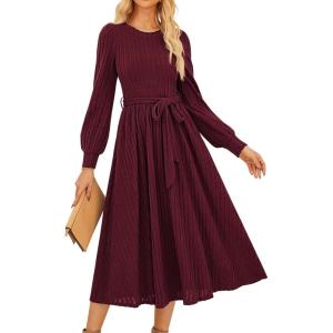 imageGRACE KARIN Casual Long Sleeve Dress 2025 A Line Fall Sweater Dresses Ribbed Crew Neck Midi Dress with PocketWine Red