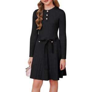 imageGRACE KARIN Girls Dress Fall Winter Sweater Long Sleeve Cable Knit Button Casual Dresses for Teen Girl 614YBlack