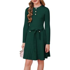 imageGRACE KARIN Girls Dress Fall Winter Sweater Long Sleeve Cable Knit Button Casual Dresses for Teen Girl 614YDark Green
