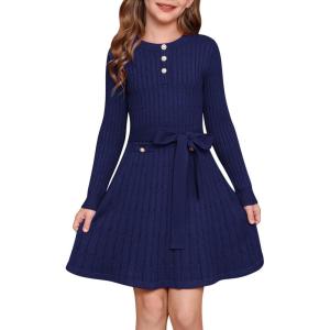 imageGRACE KARIN Girls Dress Fall Winter Sweater Long Sleeve Cable Knit Button Casual Dresses for Teen Girl 614YNavy Blue