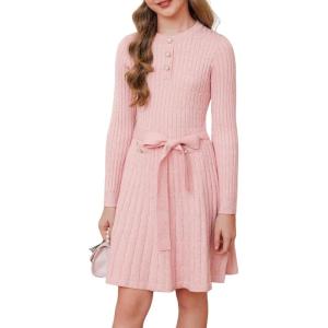 imageGRACE KARIN Girls Dress Fall Winter Sweater Long Sleeve Cable Knit Button Casual Dresses for Teen Girl 614YPink