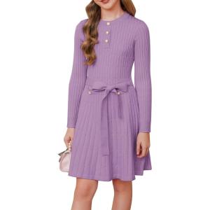 imageGRACE KARIN Girls Dress Fall Winter Sweater Long Sleeve Cable Knit Button Casual Dresses for Teen Girl 614YPurple
