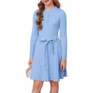imageGRACE KARIN Girls Dress Fall Winter Sweater Long Sleeve Cable Knit Button Casual Dresses for Teen Girl 614YSky Blue