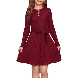 imageGRACE KARIN Girls Dress Fall Winter Sweater Long Sleeve Cable Knit Button Casual Dresses for Teen Girl 614YWine Red