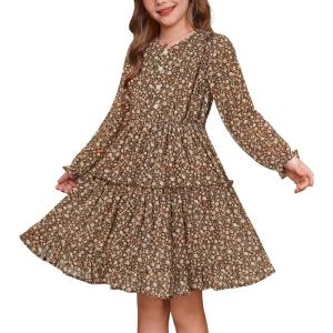 imageGRACE KARIN Girls Fall Floral Dresses 614Y Kids Winter Christmas Party Long Sleeve Holiday Hawaiian Flower DressLight Brown Floral