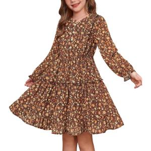 imageGRACE KARIN Girls Fall Floral Dresses 614Y Kids Winter Christmas Party Long Sleeve Holiday Hawaiian Flower DressRed Brown Floral