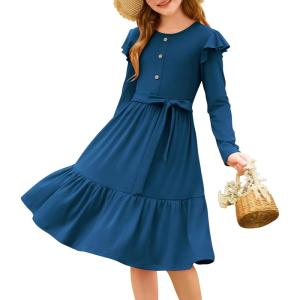 imageGRACE KARIN Girls Fall Long Sleeve Dress for Girl Rullfe Button Casual Flowy Tiered Dresses with Pocket 614YearsBlue