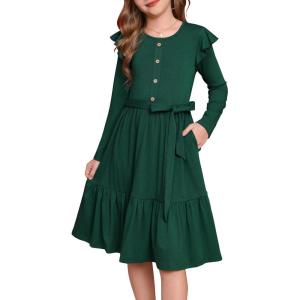 imageGRACE KARIN Girls Fall Long Sleeve Dress for Girl Rullfe Button Casual Flowy Tiered Dresses with Pocket 614YearsDark Green