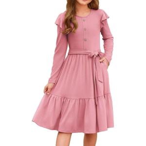 imageGRACE KARIN Girls Fall Long Sleeve Dress for Girl Rullfe Button Casual Flowy Tiered Dresses with Pocket 614YearsPink