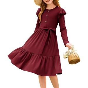 imageGRACE KARIN Girls Fall Long Sleeve Dress for Girl Rullfe Button Casual Flowy Tiered Dresses with Pocket 614YearsWine Red
