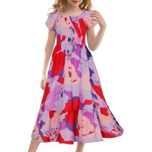 imageGRACE KARIN Girls Floral Dress Flutter Sleeve Square Neck Tiered Midi Dress Smocked Flared Aline Dress 514YBig Flowers on Purple