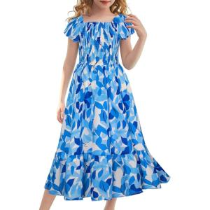 imageGRACE KARIN Girls Floral Dress Flutter Sleeve Square Neck Tiered Midi Dress Smocked Flared Aline Dress 514YBlue Leaves