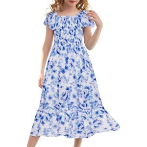 imageGRACE KARIN Girls Floral Dress Flutter Sleeve Square Neck Tiered Midi Dress Smocked Flared Aline Dress 514YBlue and White Floral