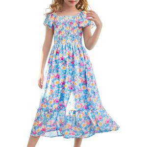 imageGRACE KARIN Girls Floral Dress Flutter Sleeve Square Neck Tiered Midi Dress Smocked Flared Aline Dress 514YFlowers on Blue