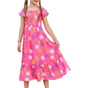 imageGRACE KARIN Girls Floral Dress Flutter Sleeve Square Neck Tiered Midi Dress Smocked Flared Aline Dress 514YFlowers on Hot Pink