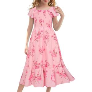 imageGRACE KARIN Girls Floral Dress Flutter Sleeve Square Neck Tiered Midi Dress Smocked Flared Aline Dress 514YFlowers on Light Pink