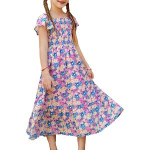 imageGRACE KARIN Girls Floral Dress Flutter Sleeve Square Neck Tiered Midi Dress Smocked Flared Aline Dress 514YFlowers on Purple