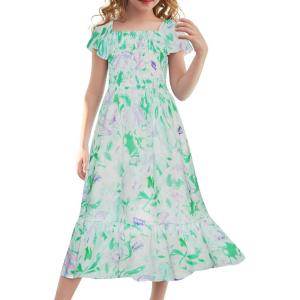 imageGRACE KARIN Girls Floral Dress Flutter Sleeve Square Neck Tiered Midi Dress Smocked Flared Aline Dress 514YGreen Floral