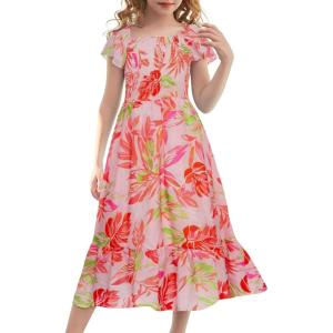 imageGRACE KARIN Girls Floral Dress Flutter Sleeve Square Neck Tiered Midi Dress Smocked Flared Aline Dress 514YPink Floral