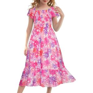 imageGRACE KARIN Girls Floral Dress Flutter Sleeve Square Neck Tiered Midi Dress Smocked Flared Aline Dress 514YPurple Floral