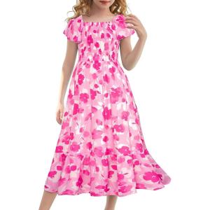 imageGRACE KARIN Girls Floral Dress Flutter Sleeve Square Neck Tiered Midi Dress Smocked Flared Aline Dress 514YRose Red Flowers
