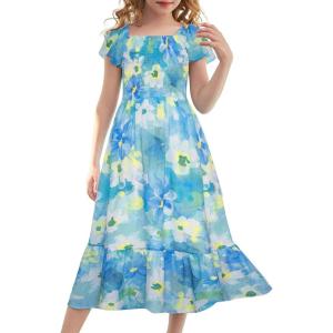 imageGRACE KARIN Girls Floral Dress Flutter Sleeve Square Neck Tiered Midi Dress Smocked Flared Aline Dress 514YTeal Floral