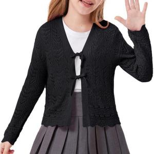 imageGRACE KARIN Girls Long Sleeve Cardigan Sweater Tie Front Bow V Neck Crochet Knit Lightweight Shrug 512 YearsBlack