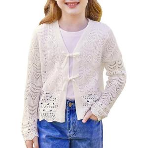 imageGRACE KARIN Girls Long Sleeve Cardigan Sweater Tie Front Bow V Neck Crochet Knit Lightweight Shrug 512 YearsIvory