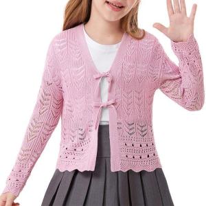 imageGRACE KARIN Girls Long Sleeve Cardigan Sweater Tie Front Bow V Neck Crochet Knit Lightweight Shrug 512 YearsPink